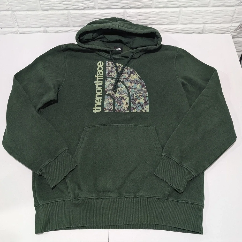North Face Mens Med Forest Green Leaves Logo Gorpcore Cabin Hoodie Sweatshirt